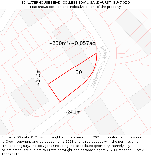 30, WATERHOUSE MEAD, COLLEGE TOWN, SANDHURST, GU47 0ZD: Plot and title map