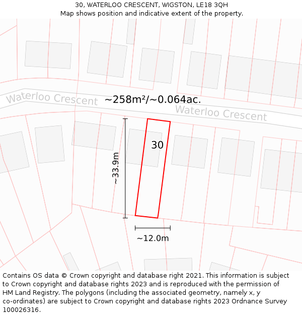 30, WATERLOO CRESCENT, WIGSTON, LE18 3QH: Plot and title map