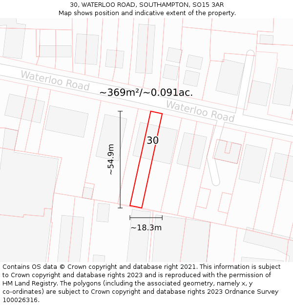 30, WATERLOO ROAD, SOUTHAMPTON, SO15 3AR: Plot and title map