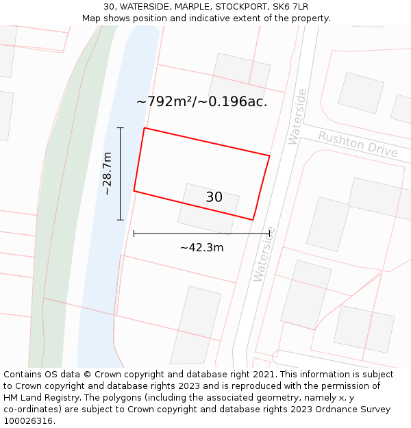 30, WATERSIDE, MARPLE, STOCKPORT, SK6 7LR: Plot and title map
