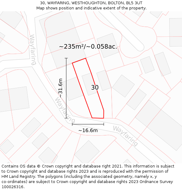 30, WAYFARING, WESTHOUGHTON, BOLTON, BL5 3UT: Plot and title map