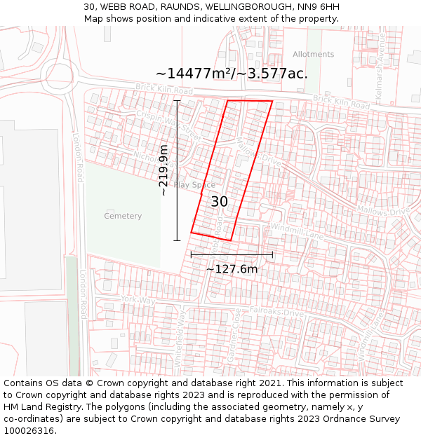 30, WEBB ROAD, RAUNDS, WELLINGBOROUGH, NN9 6HH: Plot and title map