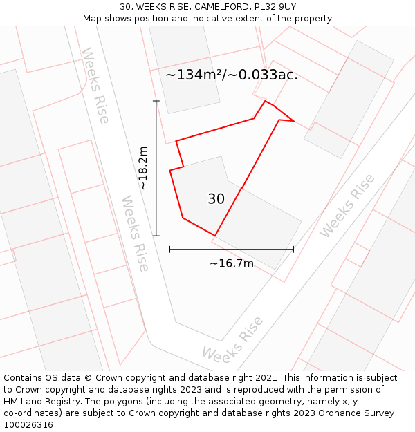 30, WEEKS RISE, CAMELFORD, PL32 9UY: Plot and title map