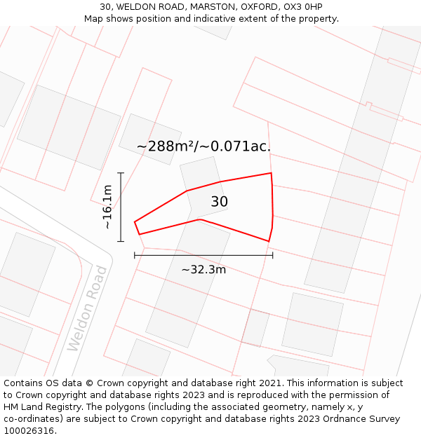 30, WELDON ROAD, MARSTON, OXFORD, OX3 0HP: Plot and title map