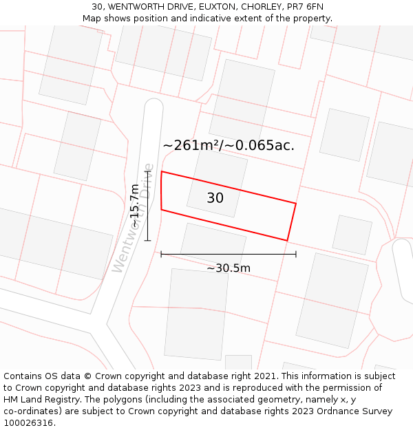 30, WENTWORTH DRIVE, EUXTON, CHORLEY, PR7 6FN: Plot and title map