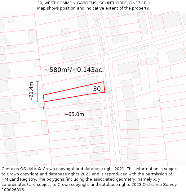 30, WEST COMMON GARDENS, SCUNTHORPE, DN17 1EH: Plot and title map