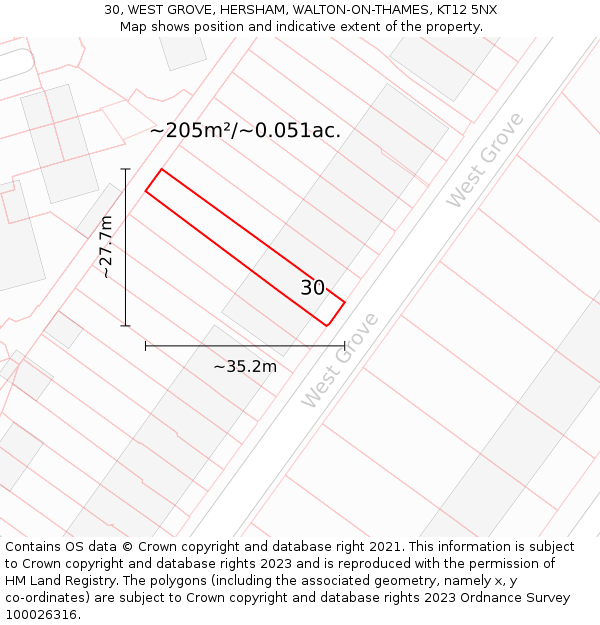 30, WEST GROVE, HERSHAM, WALTON-ON-THAMES, KT12 5NX: Plot and title map