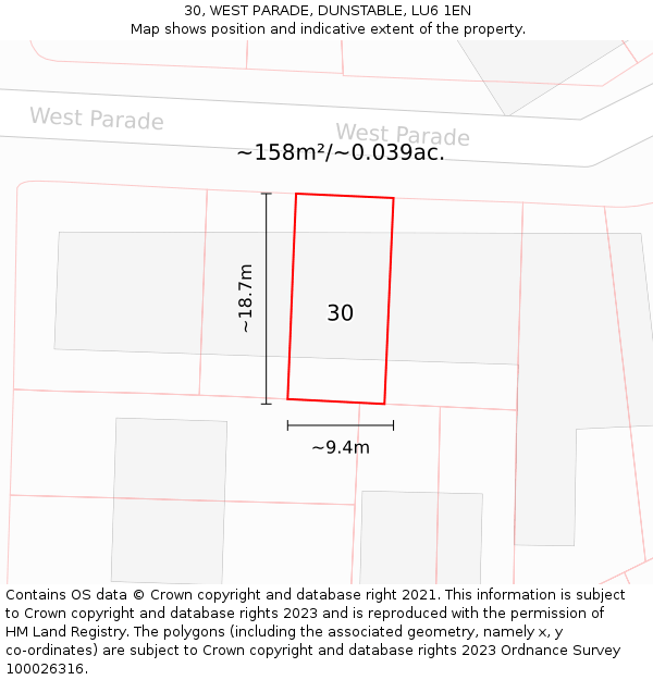 30, WEST PARADE, DUNSTABLE, LU6 1EN: Plot and title map