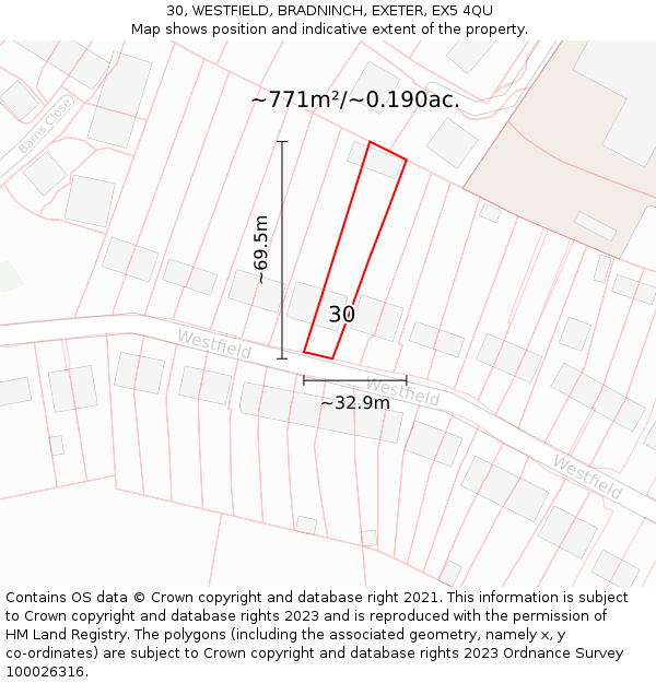 30, WESTFIELD, BRADNINCH, EXETER, EX5 4QU: Plot and title map