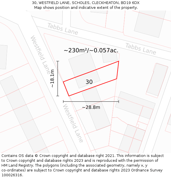 30, WESTFIELD LANE, SCHOLES, CLECKHEATON, BD19 6DX: Plot and title map