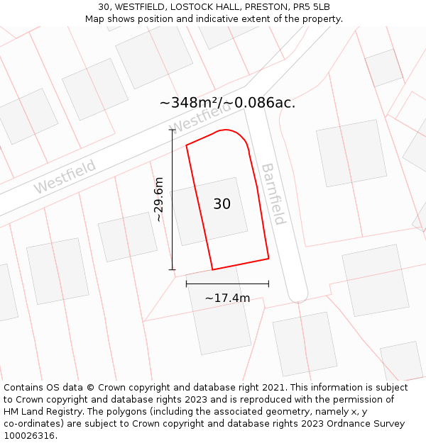30, WESTFIELD, LOSTOCK HALL, PRESTON, PR5 5LB: Plot and title map