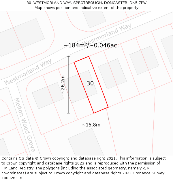 30, WESTMORLAND WAY, SPROTBROUGH, DONCASTER, DN5 7PW: Plot and title map