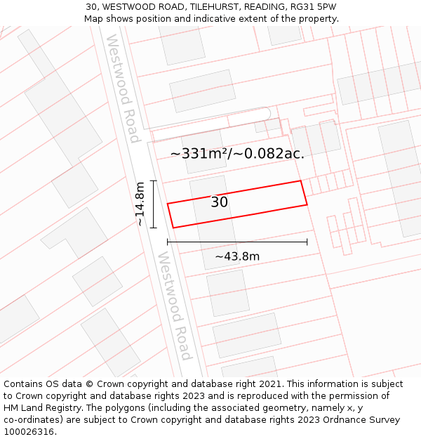 30, WESTWOOD ROAD, TILEHURST, READING, RG31 5PW: Plot and title map