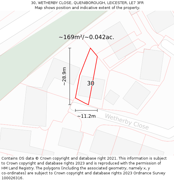 30, WETHERBY CLOSE, QUENIBOROUGH, LEICESTER, LE7 3FR: Plot and title map