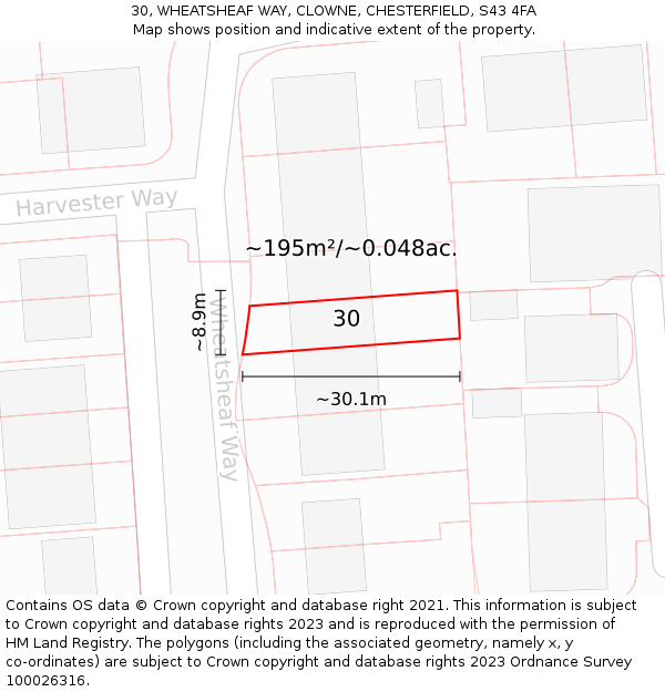 30, WHEATSHEAF WAY, CLOWNE, CHESTERFIELD, S43 4FA: Plot and title map