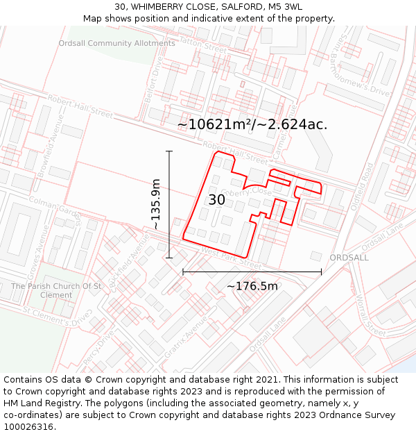 30, WHIMBERRY CLOSE, SALFORD, M5 3WL: Plot and title map