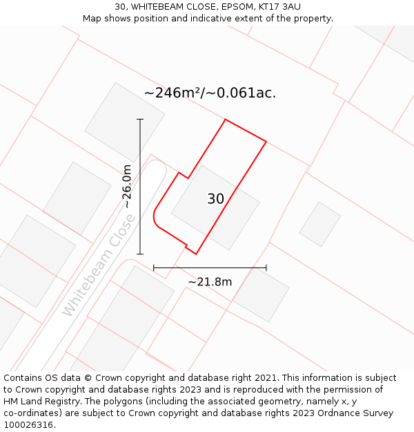 30, WHITEBEAM CLOSE, EPSOM, KT17 3AU: Plot and title map