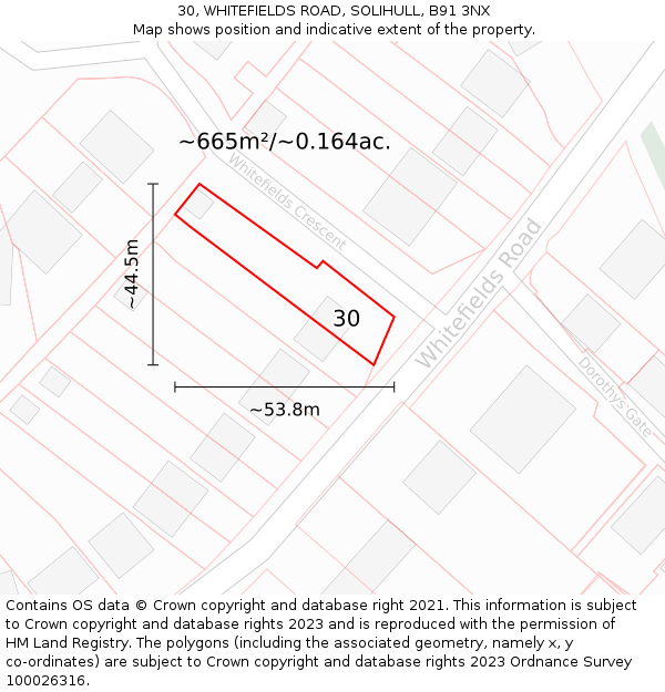 30, WHITEFIELDS ROAD, SOLIHULL, B91 3NX: Plot and title map