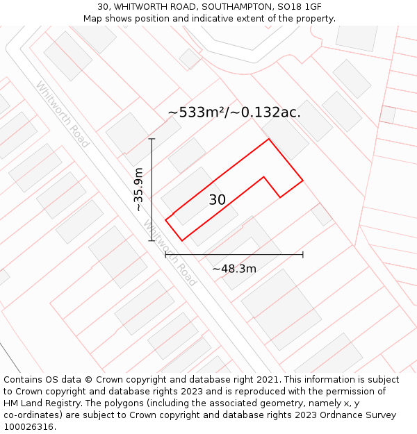 30, WHITWORTH ROAD, SOUTHAMPTON, SO18 1GF: Plot and title map