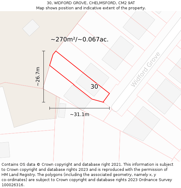 30, WIDFORD GROVE, CHELMSFORD, CM2 9AT: Plot and title map