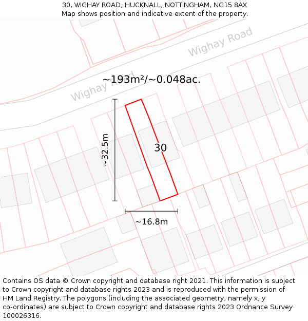 30, WIGHAY ROAD, HUCKNALL, NOTTINGHAM, NG15 8AX: Plot and title map