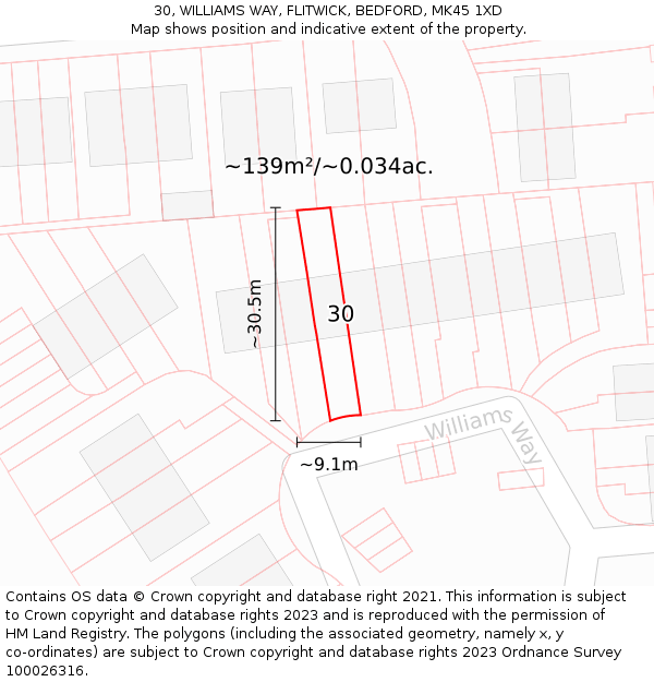 30, WILLIAMS WAY, FLITWICK, BEDFORD, MK45 1XD: Plot and title map