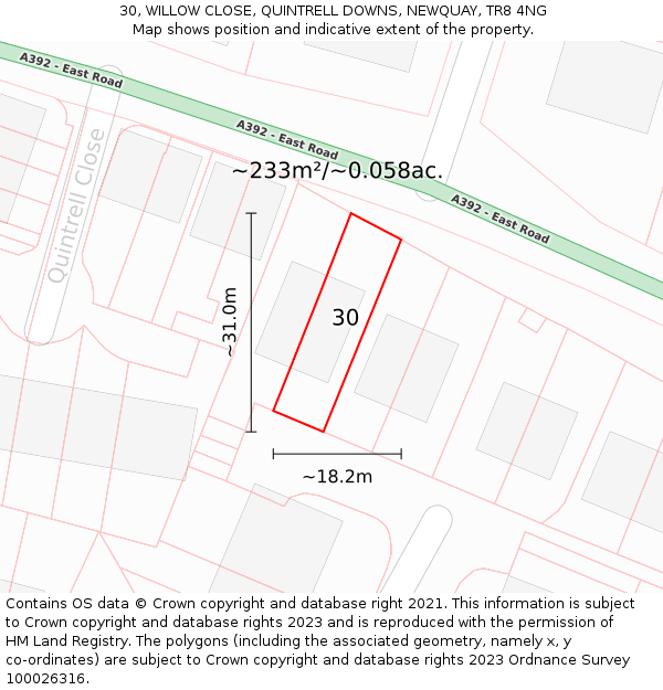 30, WILLOW CLOSE, QUINTRELL DOWNS, NEWQUAY, TR8 4NG: Plot and title map