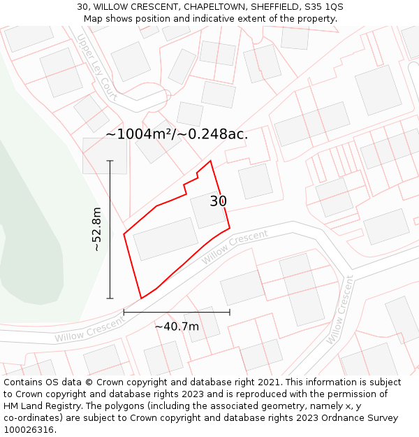 30, WILLOW CRESCENT, CHAPELTOWN, SHEFFIELD, S35 1QS: Plot and title map