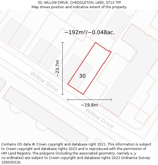 30, WILLOW DRIVE, CHEDDLETON, LEEK, ST13 7FF: Plot and title map