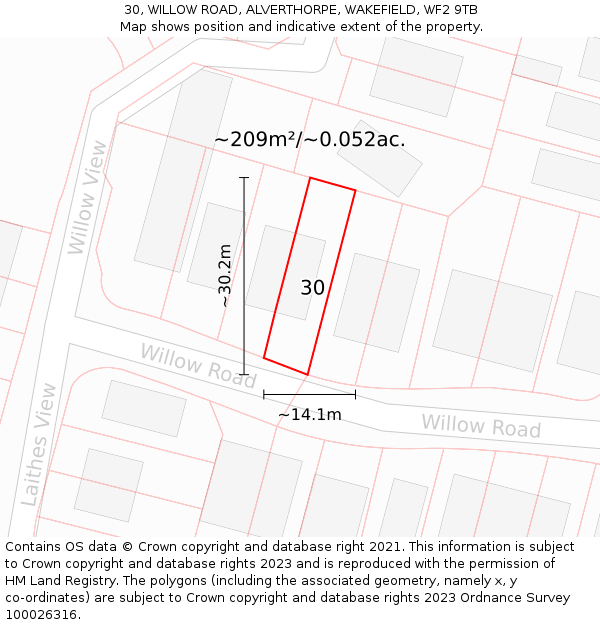 30, WILLOW ROAD, ALVERTHORPE, WAKEFIELD, WF2 9TB: Plot and title map