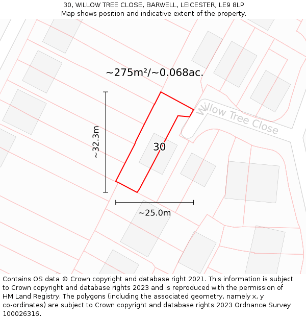 30, WILLOW TREE CLOSE, BARWELL, LEICESTER, LE9 8LP: Plot and title map