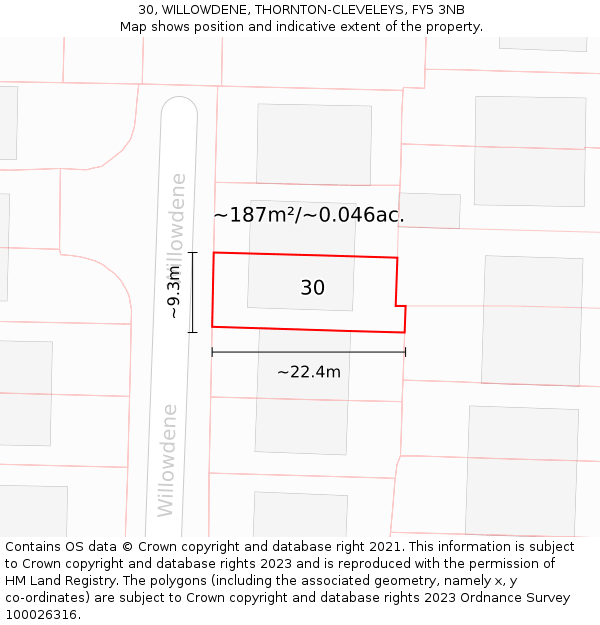30, WILLOWDENE, THORNTON-CLEVELEYS, FY5 3NB: Plot and title map