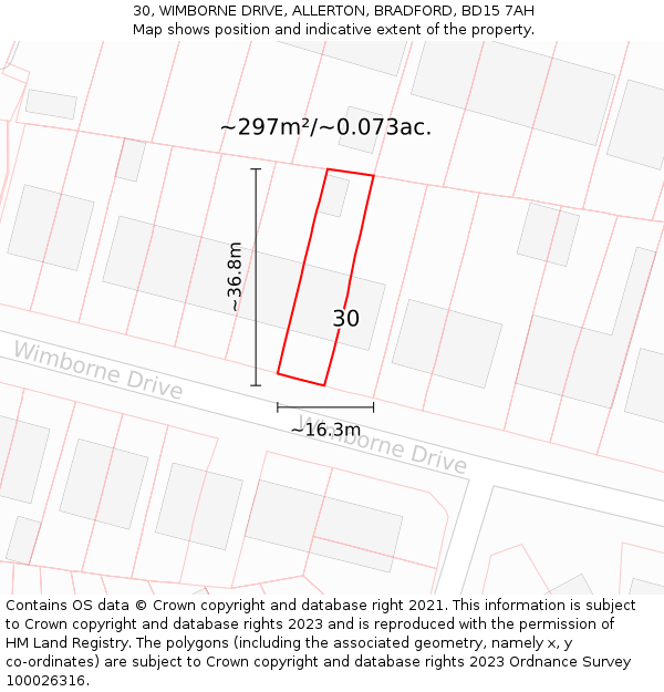 30, WIMBORNE DRIVE, ALLERTON, BRADFORD, BD15 7AH: Plot and title map