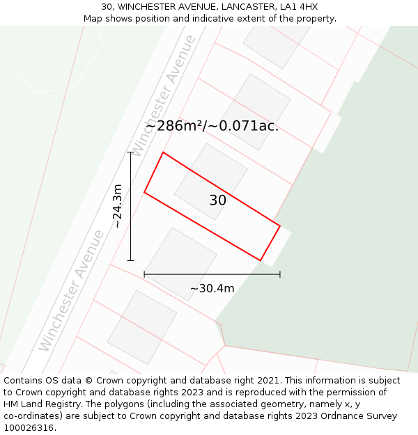 30, WINCHESTER AVENUE, LANCASTER, LA1 4HX: Plot and title map