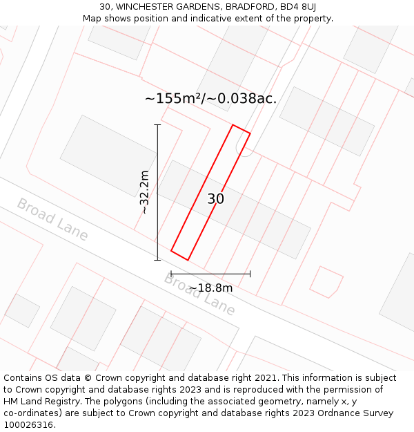 30, WINCHESTER GARDENS, BRADFORD, BD4 8UJ: Plot and title map