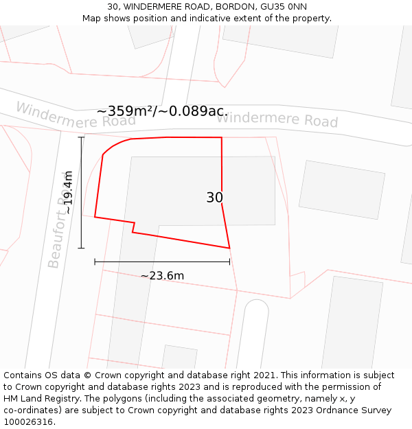 30, WINDERMERE ROAD, BORDON, GU35 0NN: Plot and title map