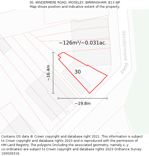 30, WINDERMERE ROAD, MOSELEY, BIRMINGHAM, B13 9JP: Plot and title map