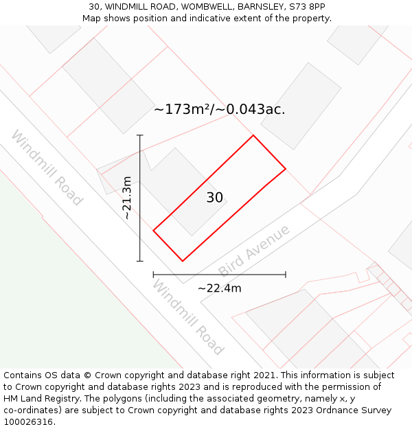 30, WINDMILL ROAD, WOMBWELL, BARNSLEY, S73 8PP: Plot and title map