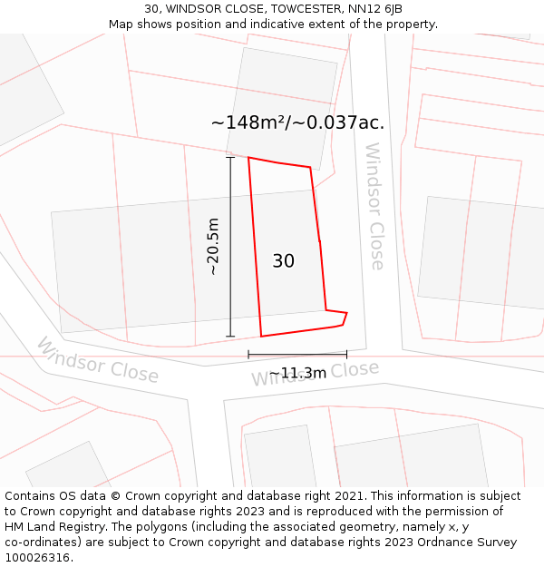 30, WINDSOR CLOSE, TOWCESTER, NN12 6JB: Plot and title map