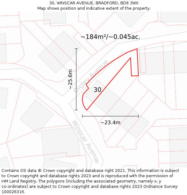 30, WINSCAR AVENUE, BRADFORD, BD6 3WX: Plot and title map