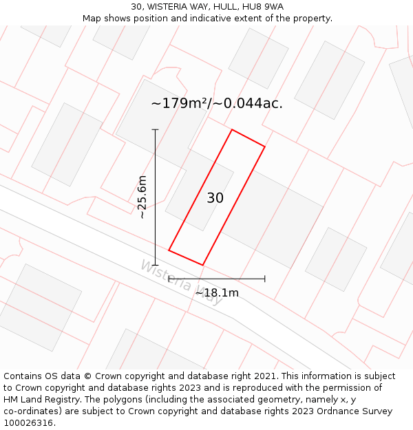 30, WISTERIA WAY, HULL, HU8 9WA: Plot and title map