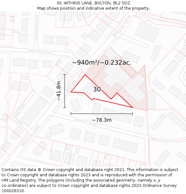 30, WITHINS LANE, BOLTON, BL2 5DZ: Plot and title map