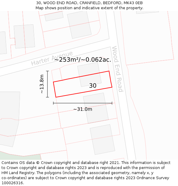 30, WOOD END ROAD, CRANFIELD, BEDFORD, MK43 0EB: Plot and title map