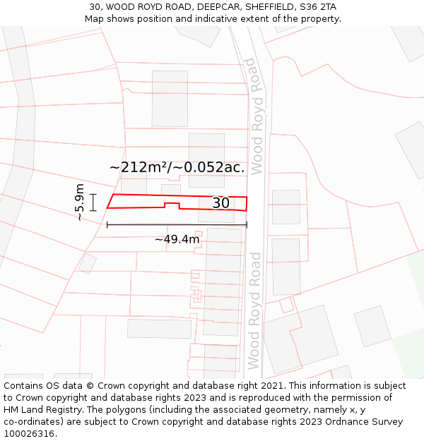 30, WOOD ROYD ROAD, DEEPCAR, SHEFFIELD, S36 2TA: Plot and title map
