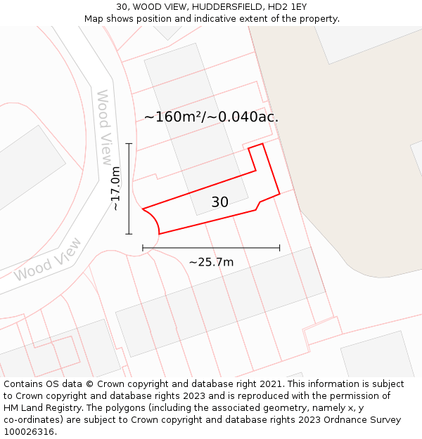 30, WOOD VIEW, HUDDERSFIELD, HD2 1EY: Plot and title map