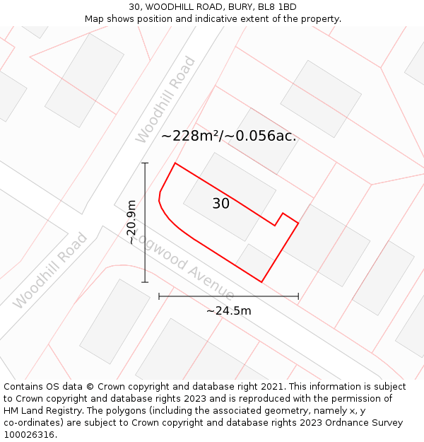 30, WOODHILL ROAD, BURY, BL8 1BD: Plot and title map