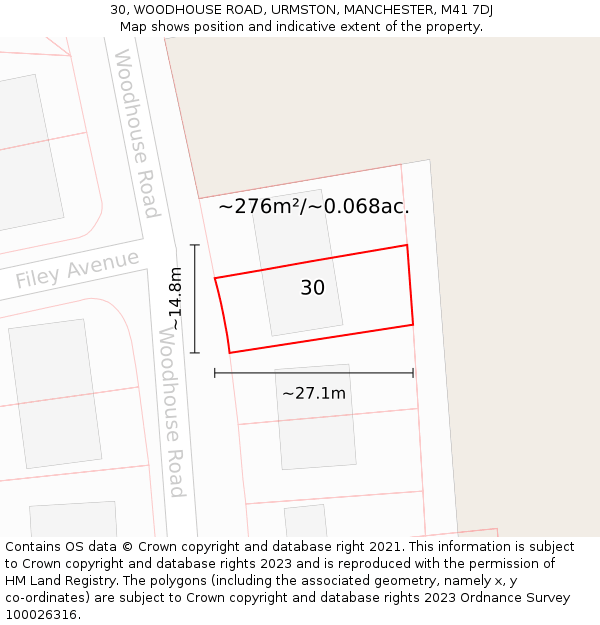 30, WOODHOUSE ROAD, URMSTON, MANCHESTER, M41 7DJ: Plot and title map