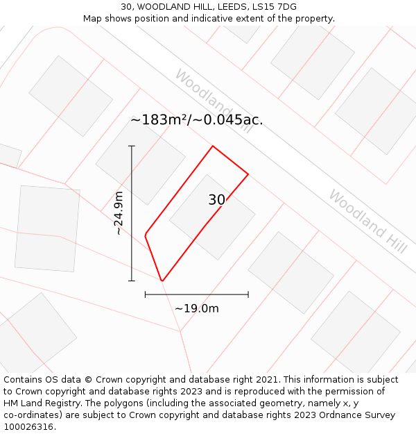 30, WOODLAND HILL, LEEDS, LS15 7DG: Plot and title map