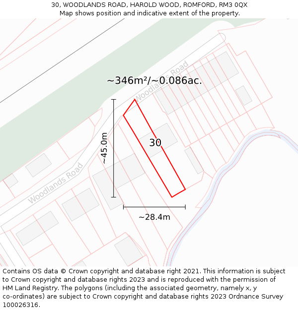 30, WOODLANDS ROAD, HAROLD WOOD, ROMFORD, RM3 0QX: Plot and title map