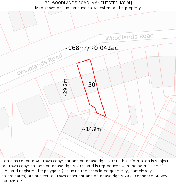 30, WOODLANDS ROAD, MANCHESTER, M8 9LJ: Plot and title map